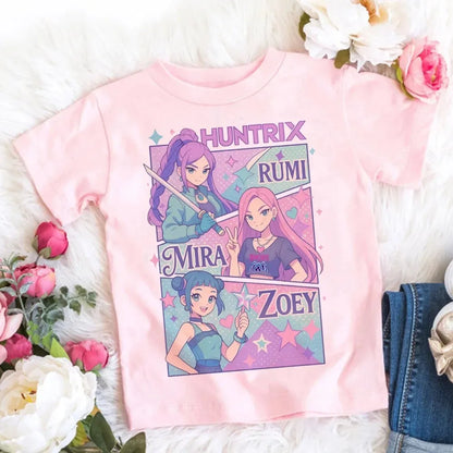2026 Summer Kpop Demon Hunters T Shirt Kids Cartoon Anime Meme Print Clothes Round Neck Basic Boys Tops Casual Shirts Gift