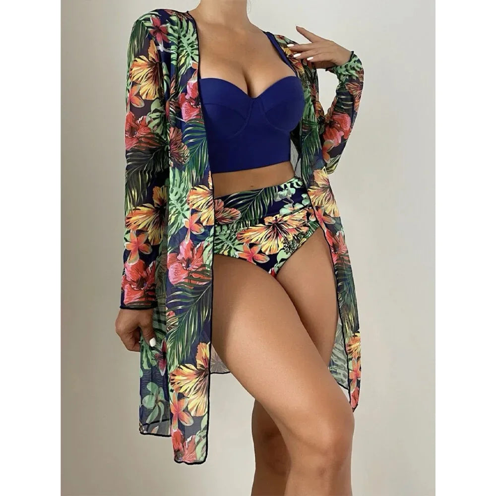 Three Pieces Bikini Set Cover Up Women 2023 New Push Up Twist Swimsuit Print Long Sleeve Swimwear Biquini Bathing Suit Summer
