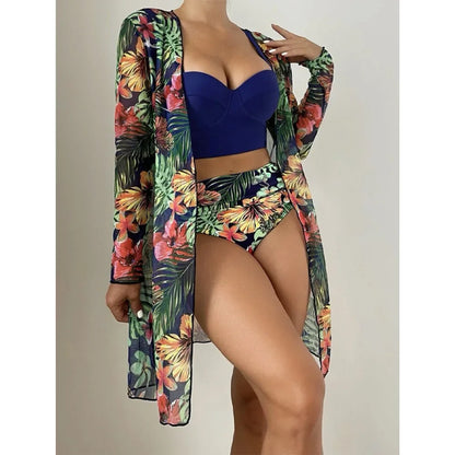 Three Pieces Bikini Set Cover Up Women 2023 New Push Up Twist Swimsuit Print Long Sleeve Swimwear Biquini Bathing Suit Summer