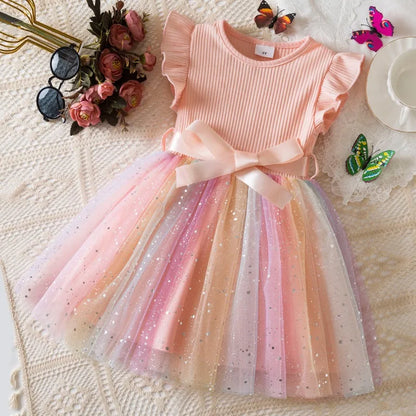 Girls' HUNTRX Rainbow Tulle Princess Dress: Sequin Star & Chibi Idol Party Gown