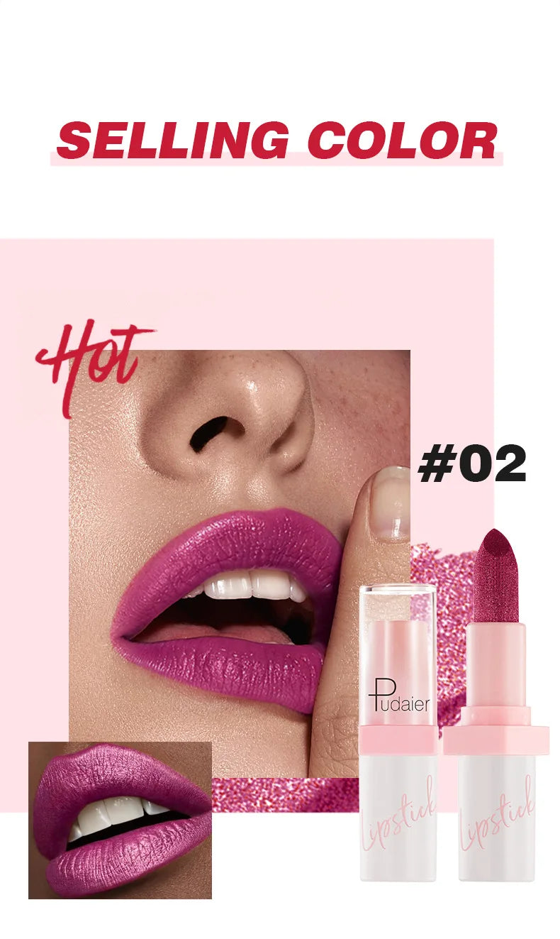 Pudaier Shimmery Diamond Lipstick: 10 Shades of Waterproof Glitter & Metallic Shine
