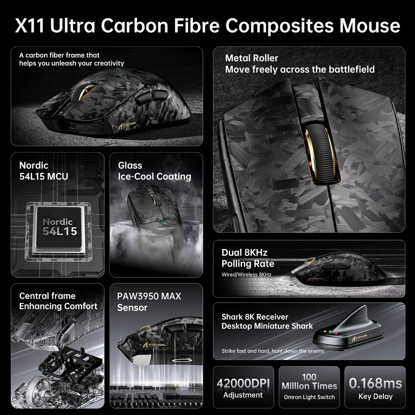 Attack Shark X11 Ultra 59g Superlight Wireless 8K Gaming Mouse Carbon Fiber Nano-Metal Ice Coating PAW3950MAX
