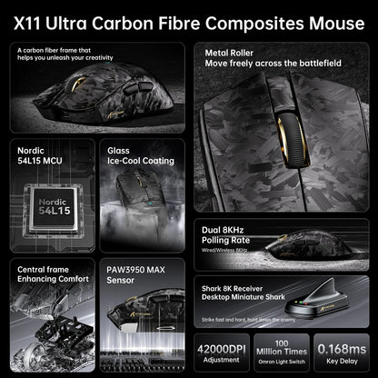 Attack Shark X11 Ultra 59g Superlight Wireless 8K Gaming Mouse Carbon Fiber Nano-Metal Ice Coating PAW3950MAX