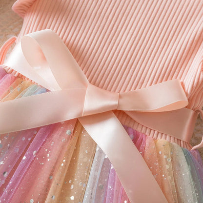 My Little Ponys Colorful Princess Dress for Kids Girls Casual Long Sleeve Sequin Mesh Dresses Party Gift 1-5Y