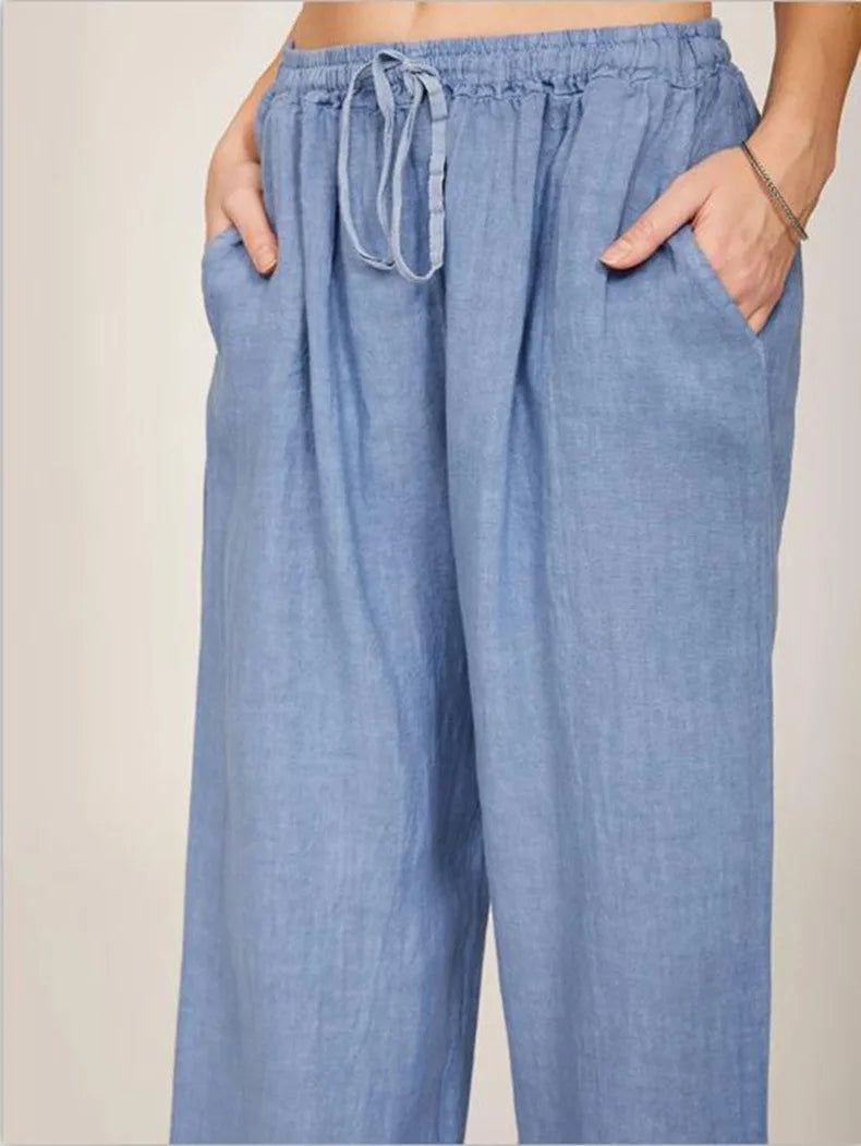 Loose Linen-Blend Wide Leg Casual Pants: Breathable Drawstring Summer Trousers