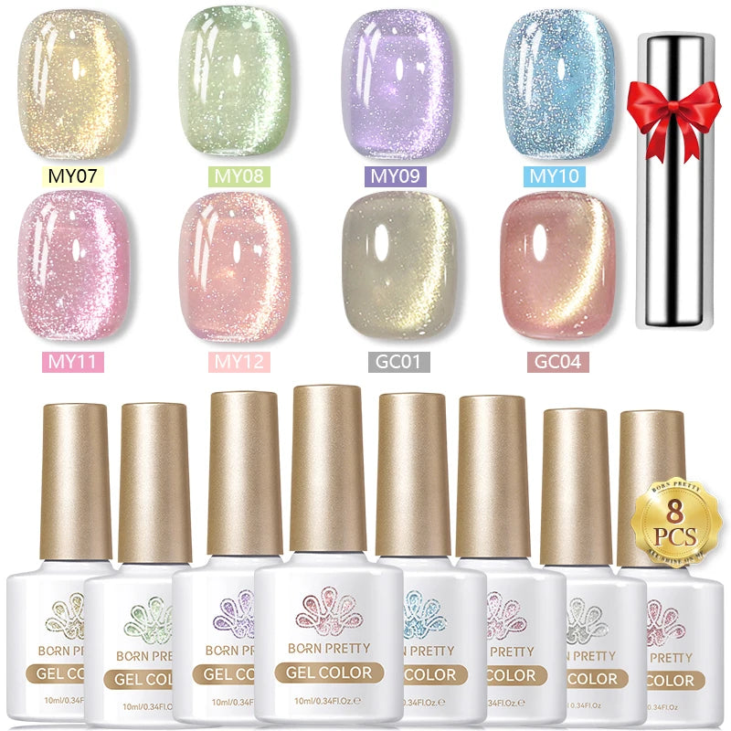 BORN PRETTY 8Pcs Glitter Cat Magnetic Nail Gel Polish Set Moonlight Transparent Summer Semi Permanent UV Gel Soak Off Nail Gel