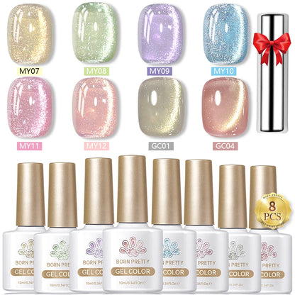 BORN PRETTY 8Pcs Glitter Cat Magnetic Nail Gel Polish Set Moonlight Transparent Summer Semi Permanent UV Gel Soak Off Nail Gel