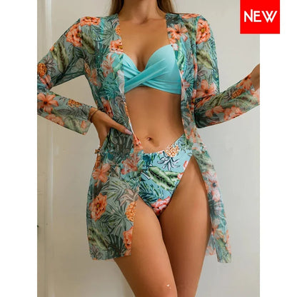Three Pieces Bikini Set Cover Up Women 2023 New Push Up Twist Swimsuit Print Long Sleeve Swimwear Biquini Bathing Suit Summer
