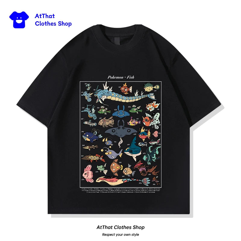 pokemon Fish Guide clothing, Japanese-style retro pure cotton loose summer short-sleeved T-shirt