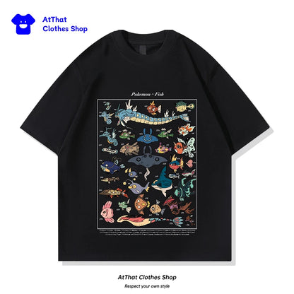 pokemon Fish Guide clothing, Japanese-style retro pure cotton loose summer short-sleeved T-shirt