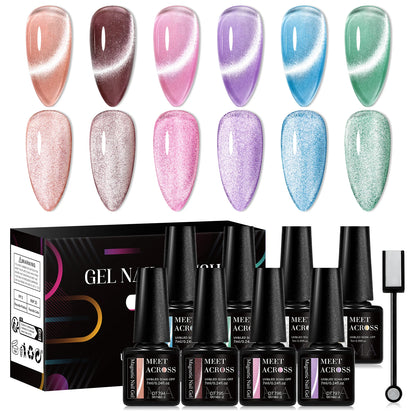 MEET ACROSS 6PCS/SET Cat Magnetic Gel Polish With Magnetic Stick And Box For Nails Semi Permanent Nail Art Gel Varnish Manicure