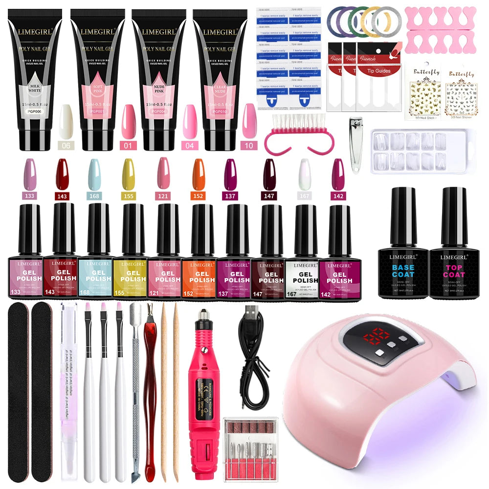 LIMEGIRL Gel Nail Polish Kit with UV Nail Lamp Electric Nail Drill UV Soaking Gel Base and Top Coat Gel Polish Nail Tool Kit
