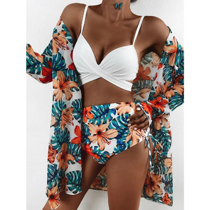 Three Pieces Bikini Set Cover Up Women 2023 New Push Up Twist Swimsuit Print Long Sleeve Swimwear Biquini Bathing Suit Summer