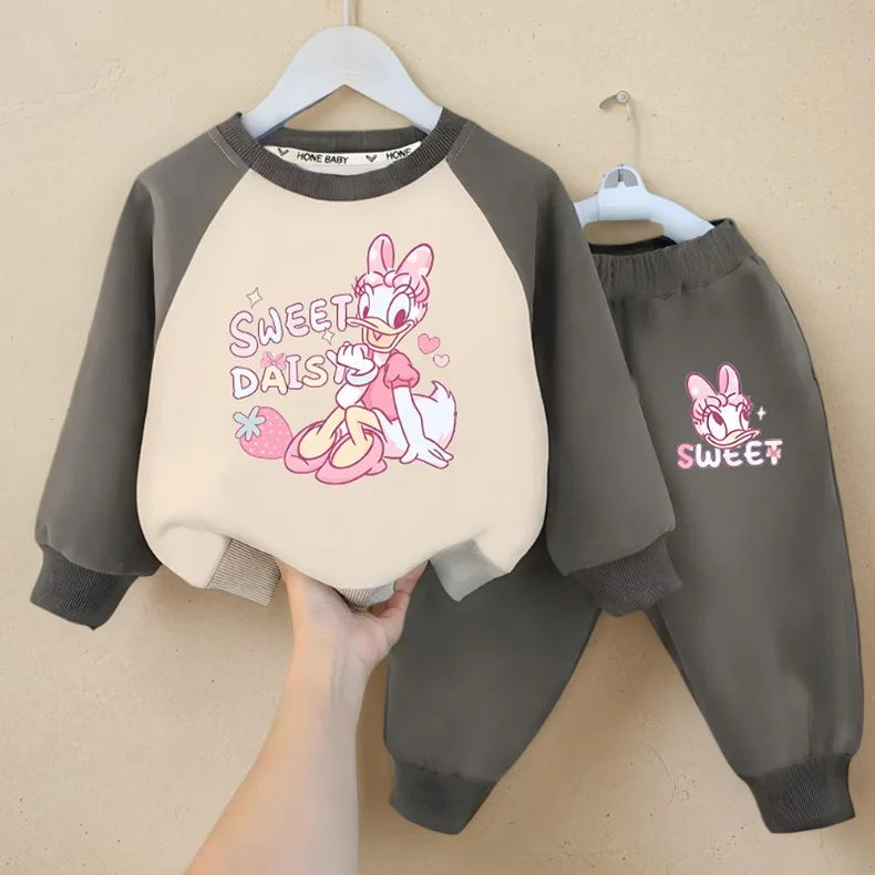 DISNEY DAISY DUCK Printed Spliced Long Sleeved Hoodies Sets for Girls 0-8years Spring Fall Kids Sweatpant Two Pieces Tracksuit