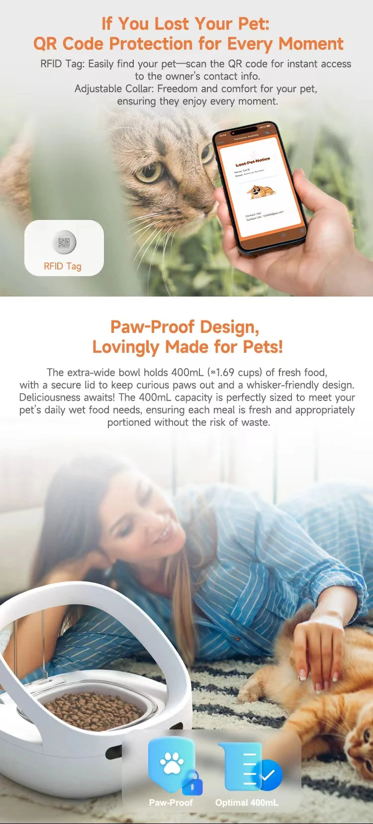 RFID collar activates cat feeder, multi cat intelligent automatic chip feeder, supports wet and dry food,prevents pinch injuries