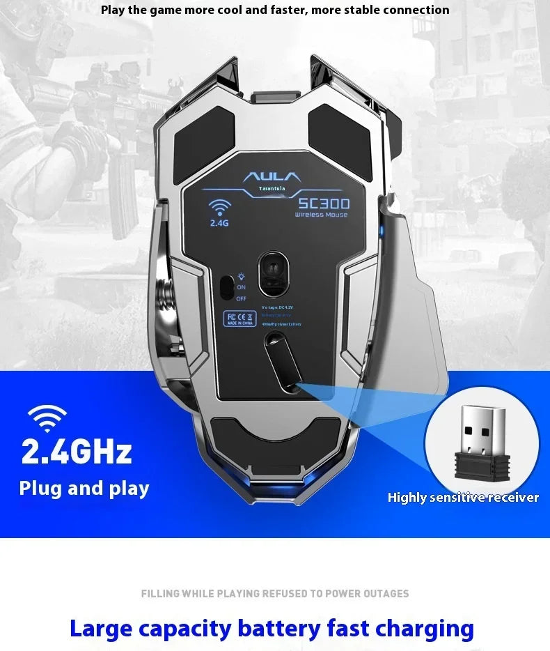 AULA SC300 Ultra-quiet Wireless Gaming Mouse Rechargeable Ergonomic Mechanical Armor Style, Colored and Vibrant Body Design