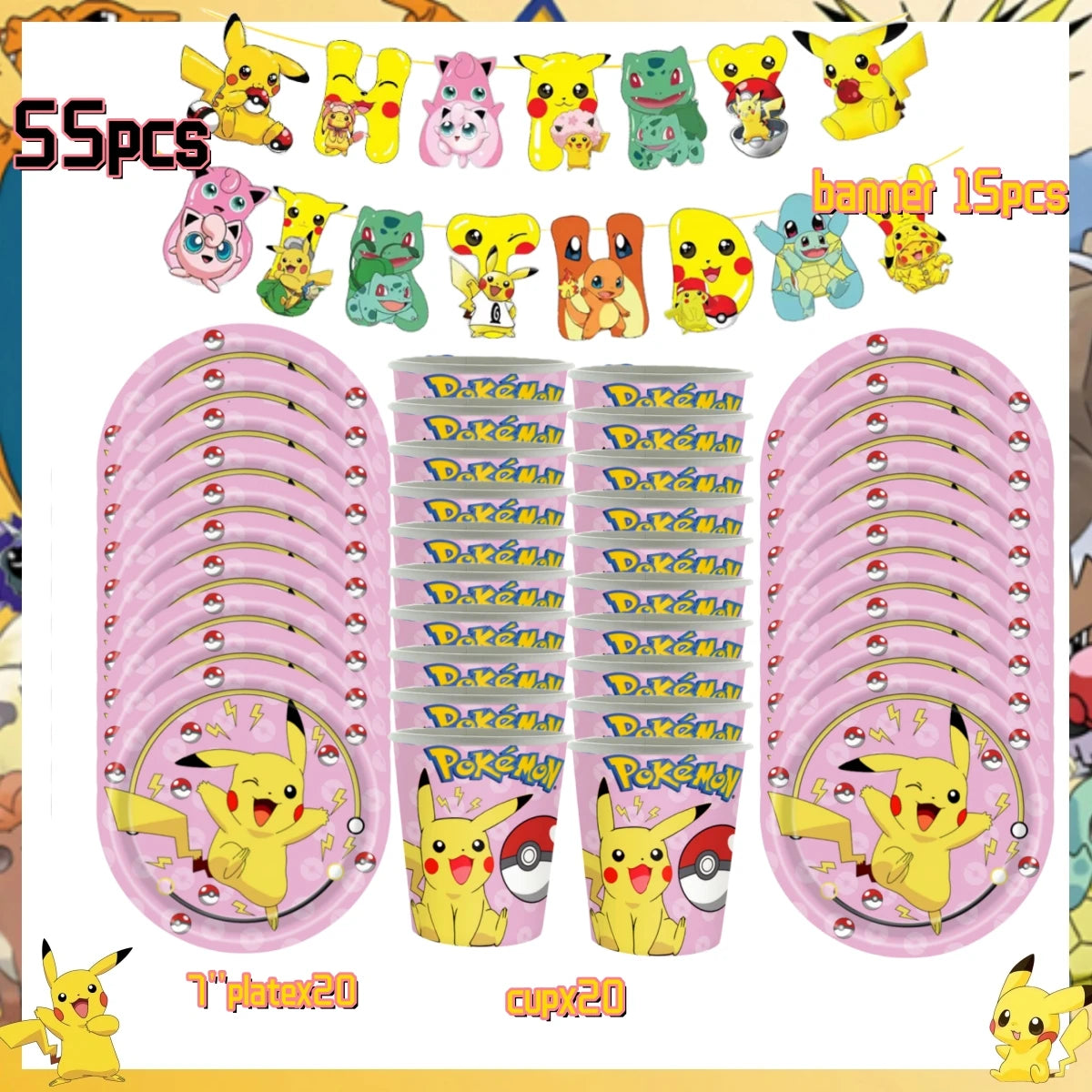 Pink Pokemon Birthday Party Decoration Disposable Tableware Set Pikachu Tablecloth Cup Plate Baby Shower Kids Diy Party Supplies