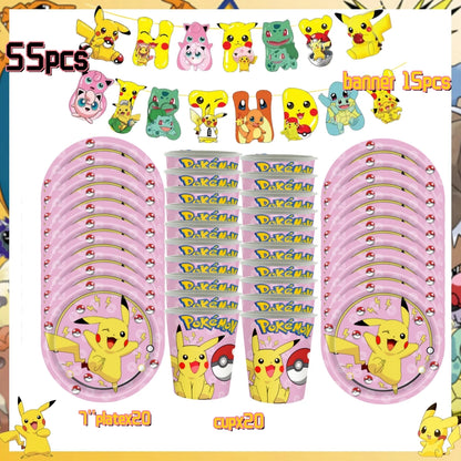 Pink Pokemon Birthday Party Decoration Disposable Tableware Set Pikachu Tablecloth Cup Plate Baby Shower Kids Diy Party Supplies