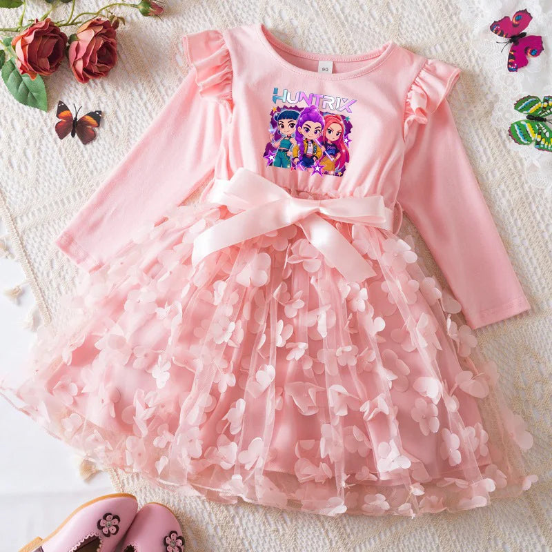 Girls' K-Pop HUNTRX "Butterfly Dreams" Dress: Long Sleeve 3D Applique Tutu Princess Gown
