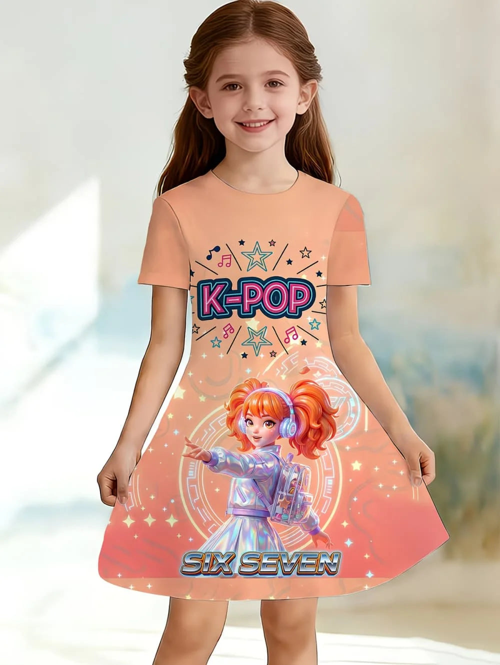 Girls' K-Pop "Anime Star" Summer Dress: Harajuku Style Short Sleeve A-Line Gown