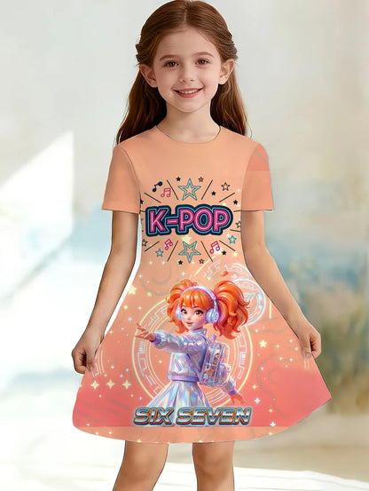 Girls' K-Pop "Anime Star" Summer Dress: Harajuku Style Short Sleeve A-Line Gown