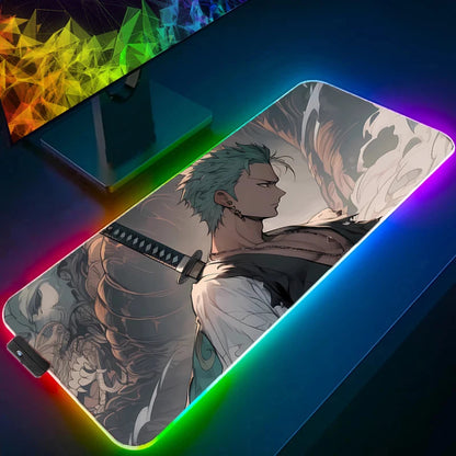 ONE PIECE Zoro RGB Mouse Pad Anime Carpe Large PC Gamer Computer LED Mausepad Keyboard Gaming Accessories Backlight Desk Mat XXL