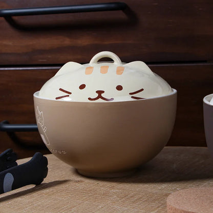 Cartoon Cat Ceramic Noodle Bowl with Lid 🐱🍜