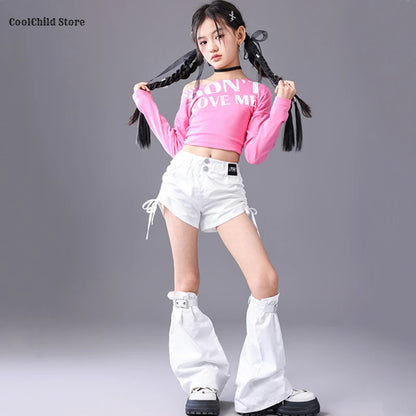 Girls Hip Hop Off Shoulder Crop Top ‌Street Dance Skirts Cargo Pants Children Streetwear Jeans Kids K-pop Girl Group Clothes Set