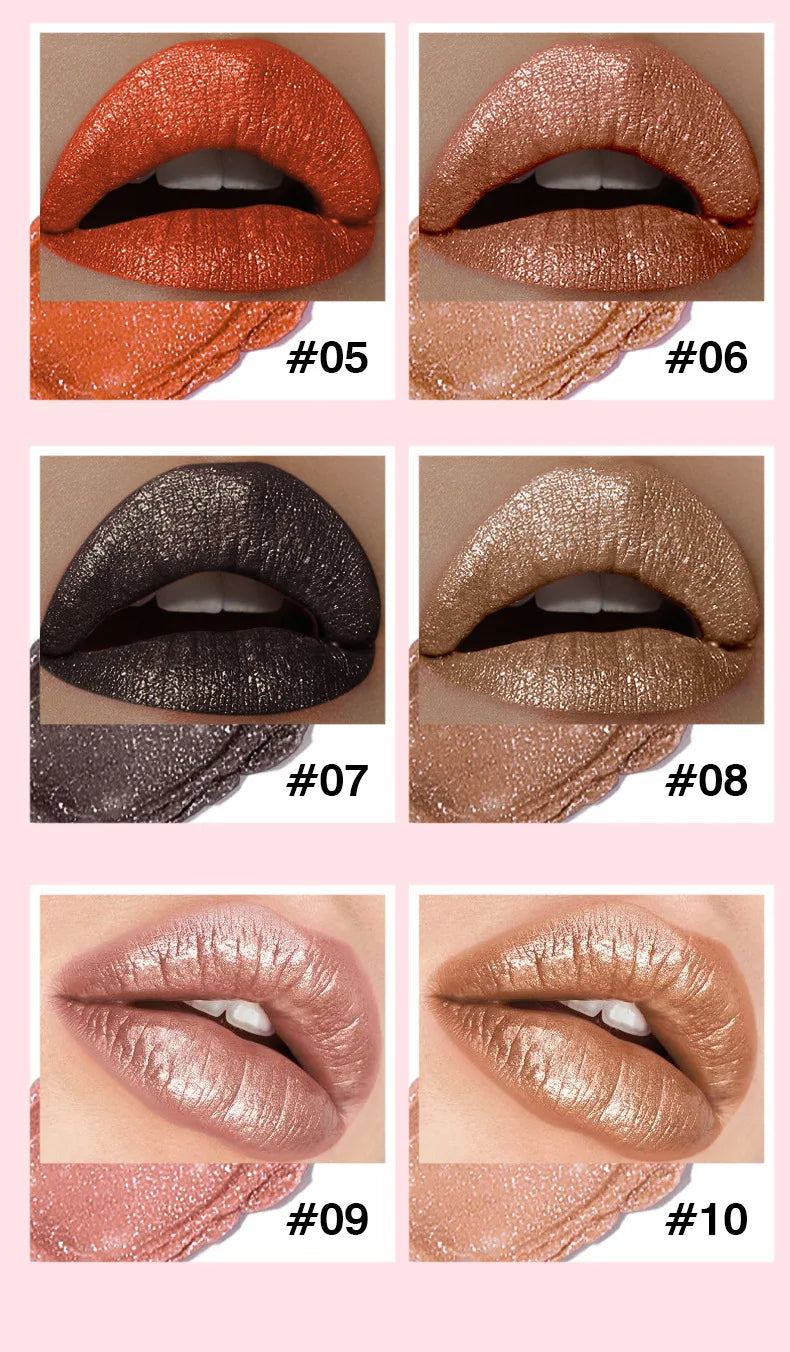 Pudaier Shimmery Diamond Lipstick: 10 Shades of Waterproof Glitter & Metallic Shine