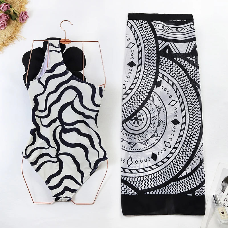 2024 Sexy Women's Swimsuit with Skirt One-Piece Swimwear Vintage Ruffle V Neck Cover Up Bikinis Set Beachwear Bathing Suit