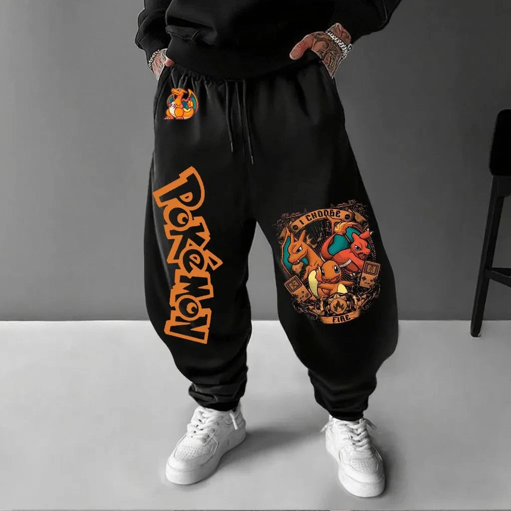 Pokemon Print New Streetwear 2026 Mens High Waist Cotton Pants Wide Leg Trousers Loose Fit Casual Breathable Sweatpants