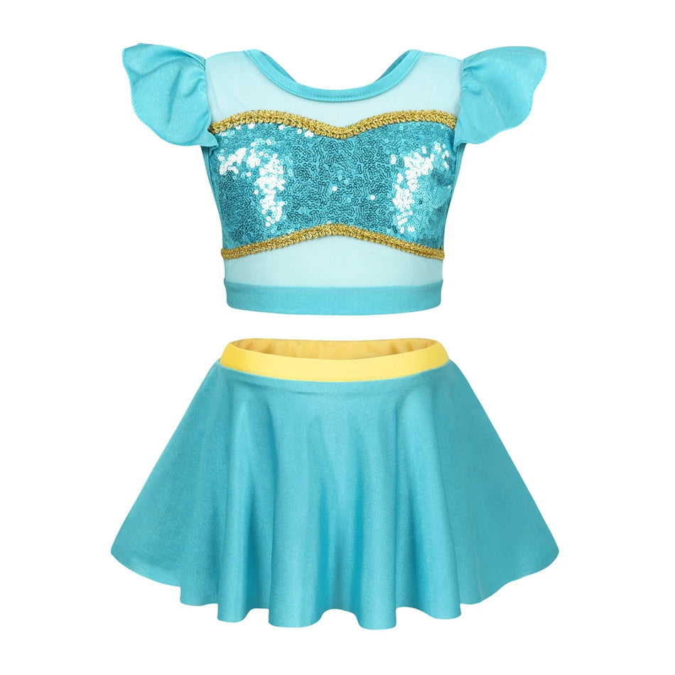 Girls Princess Swimsuit Cinderella Elsa Belle Rapunzel Cosplay Beachwear Kids Summer Fashion 2 Pcs Swimsuit Sets 2-9Yrs