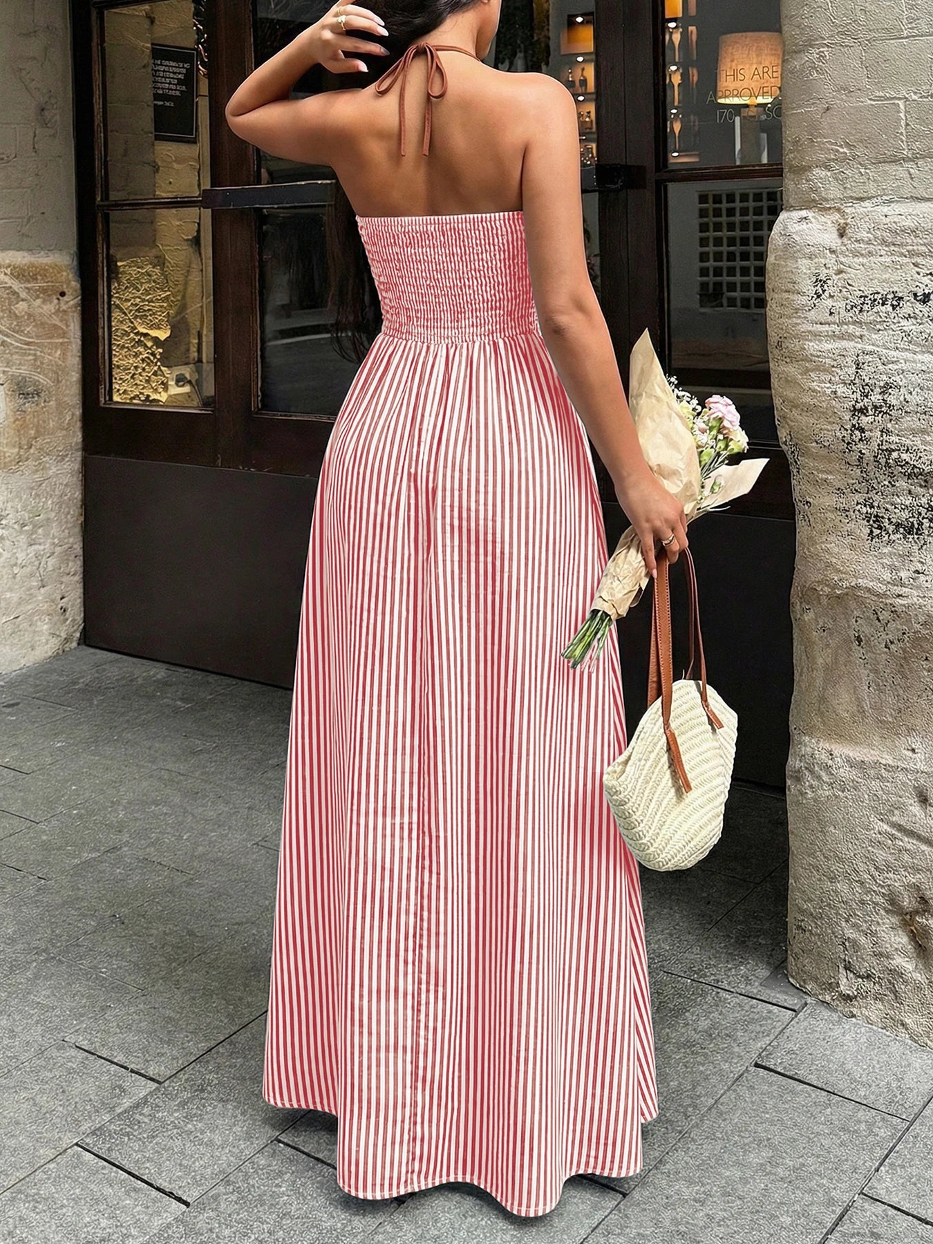 2026 Summer New Style Deep V-neck Striped Beach Dress, Sexy Backless Sleeveless Neckline Long Dress