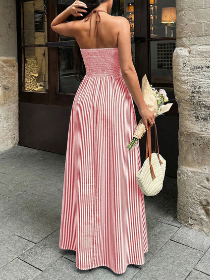 2026 Summer New Style Deep V-neck Striped Beach Dress, Sexy Backless Sleeveless Neckline Long Dress