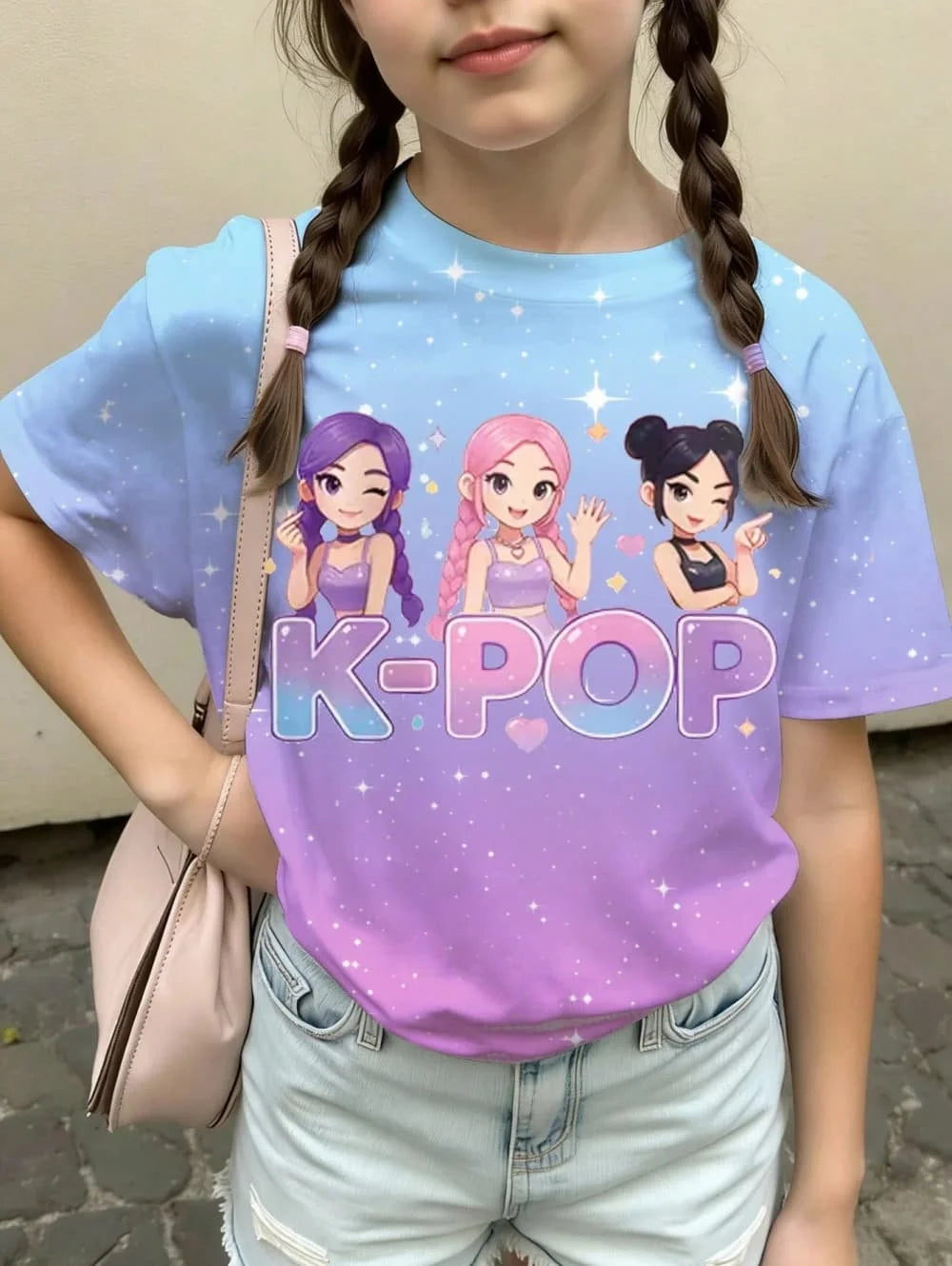 Kpop Cartoon Graphic Girls T-Shirt Casual Round-Neck T-Shirt Suitable for Girls Kids Gift Short Sleeve Tops Children's Clothing