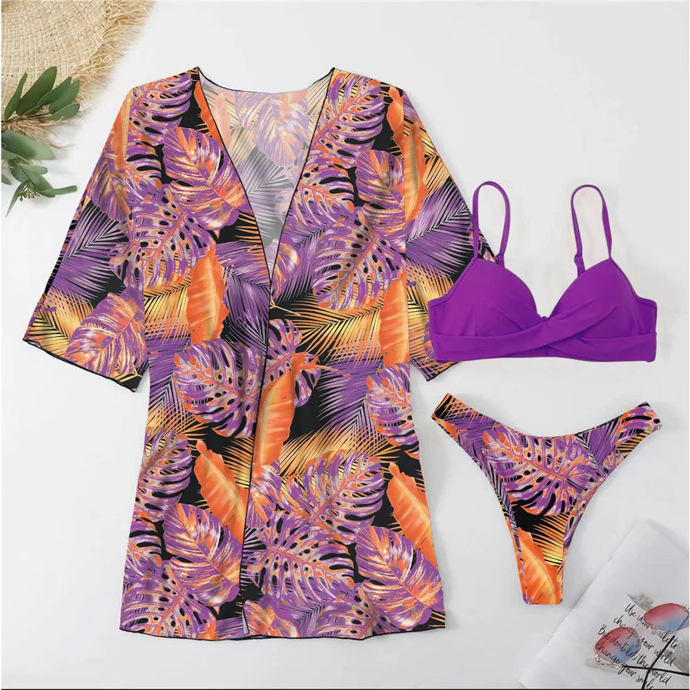 Three Pieces Bikini Set Cover Up Women 2023 New Push Up Twist Swimsuit Print Long Sleeve Swimwear Biquini Bathing Suit Summer