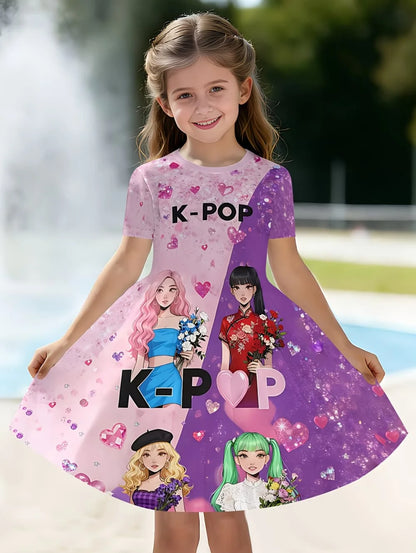 Girls' K-Pop "Anime Star" Summer Dress: Harajuku Style Short Sleeve A-Line Gown