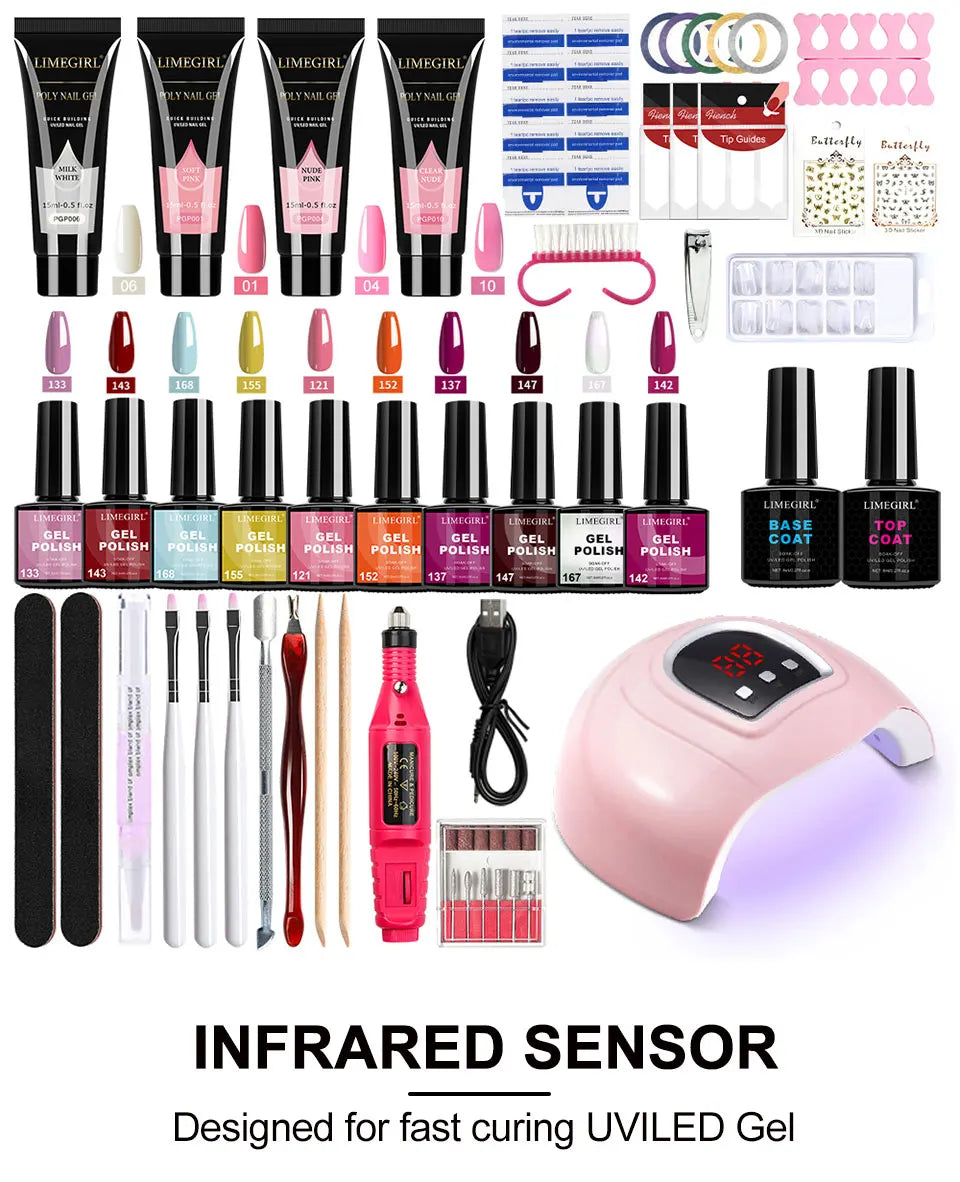 LIMEGIRL 8ml Gel Nail Polish Kit with UV Nail Lamp Electric Nail Drill UV Soaking Gel Base and Top Coat Gel Polish Nail Tool Kit