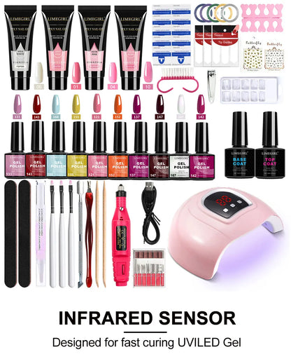 LIMEGIRL 8ml Gel Nail Polish Kit with UV Nail Lamp Electric Nail Drill UV Soaking Gel Base and Top Coat Gel Polish Nail Tool Kit