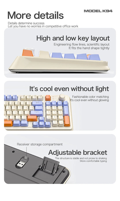 K94 Wireless Gaming Keyboard, BT 5.0/2.4GHz With Dual Mode 2-in-1 Receiver, 95 Keys TKL Rainbow LED Backlit Quiet Keyboard For