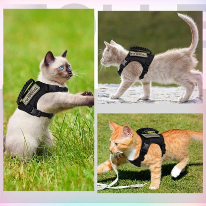 Tactical Cat Harness and Leash Set for Walking Escape Proof Adjustable Cat Vest Harness with Soft Mesh Padding Rubber Handle