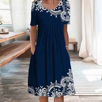 icevoolen Elegant Loose Midi Dress: Casual Short Sleeve Printed Summer Gown