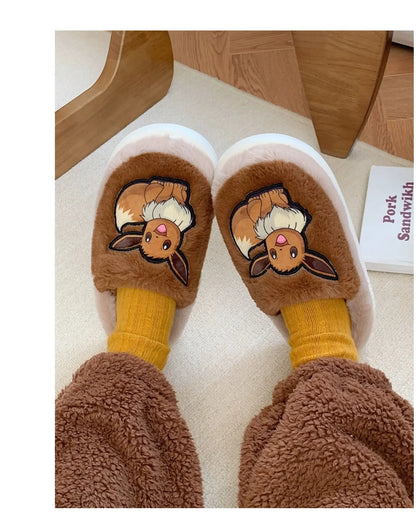 Pokemon Anime Couple Slippers Cute Pikachu Eevee Cartoon Cotton Home Shoes for Men And Women with Velvet Insulation Winter Gifts