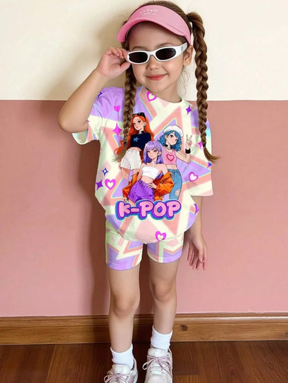 Kpop Cartoon Graphic New T-Shirt and Pants Set Girls' Summer Clothing Cute Short Sleeve Set Children's T-Shirt and Shorts Set