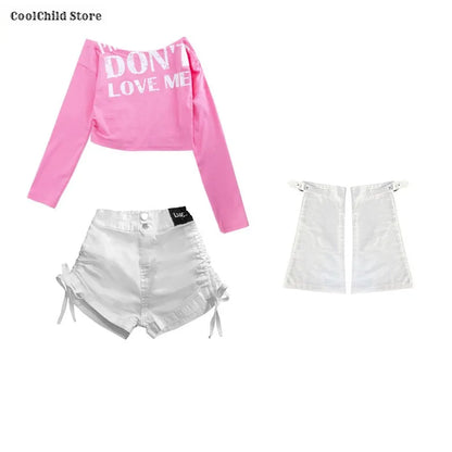 Girls Hip Hop Off Shoulder Crop Top ‌Street Dance Skirts Cargo Pants Children Streetwear Jeans Kids K-pop Girl Group Clothes Set