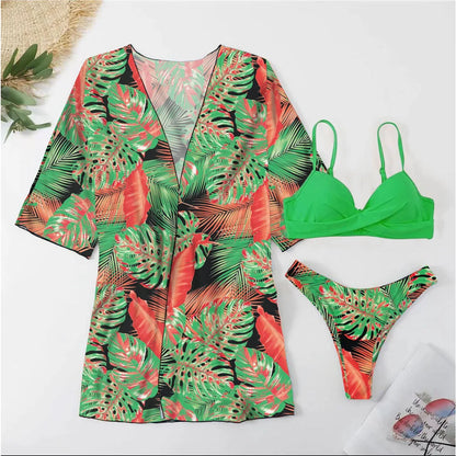 Three Pieces Bikini Set Cover Up Women 2023 New Push Up Twist Swimsuit Print Long Sleeve Swimwear Biquini Bathing Suit Summer
