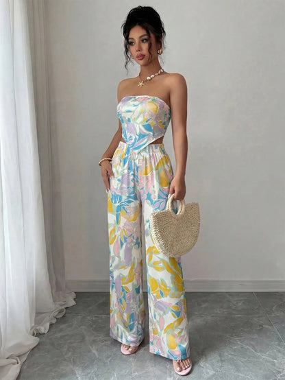 2pcs Set Halter Tie Bow Crop Top And Wide Leg Printed Pants For Women