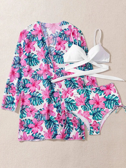Three Pieces Bikini Set Cover Up Women 2023 New Push Up Twist Swimsuit Print Long Sleeve Swimwear Biquini Bathing Suit Summer