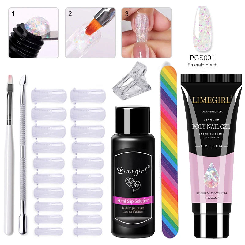 LIMEGIRL Set Poly Nail Gel for Extension Gel Set Manicure Acryl Gel Varnish Set 15ML Acrylic Liquid Nail Art Nail Kit UV Gel Kit