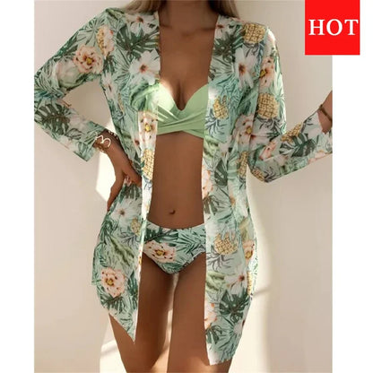 Three Pieces Bikini Set Cover Up Women 2023 New Push Up Twist Swimsuit Print Long Sleeve Swimwear Biquini Bathing Suit Summer
